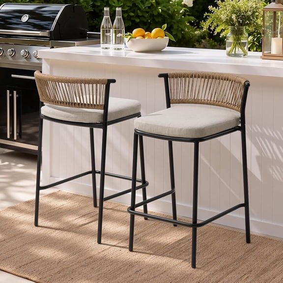 Crestlive Products Outdoor Bar Stools Set of 2, 26" Counter Height Stackable Modern Patio Bar Chairs with Rattan Back and Metal Frame, for Garden Deck Pool Backyard