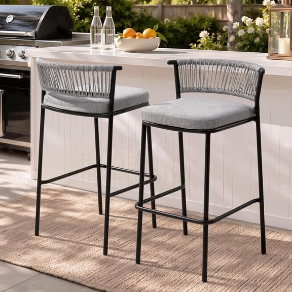 Crestlive Products Outdoor Bar Stools Set of 2, 29" Bar Height Stackable Modern Patio Bar Chairs with Rattan Back and Metal Frame, for Garden Deck Pool Backyard
