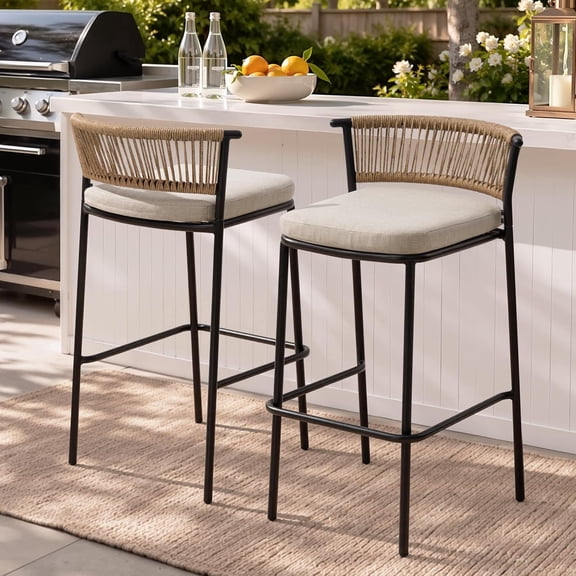 Crestlive Products Outdoor Bar Stools Set of 2, 29" Bar Height Stackable Modern Patio Bar Chairs with Rattan Back and Metal Frame, for Garden Deck Pool Backyard