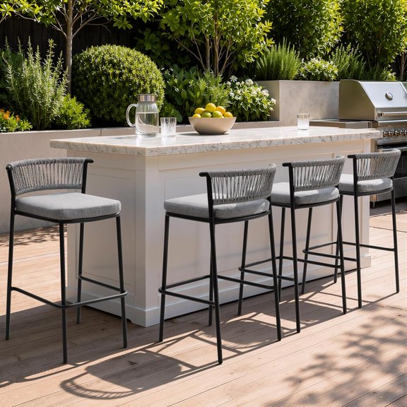 Crestlive Products Outdoor Bar Stools Set of 4, 26" Counter Height Stackable Modern Patio Bar Chairs with Rattan Back and Metal Frame, for Garden Deck Pool Backyard