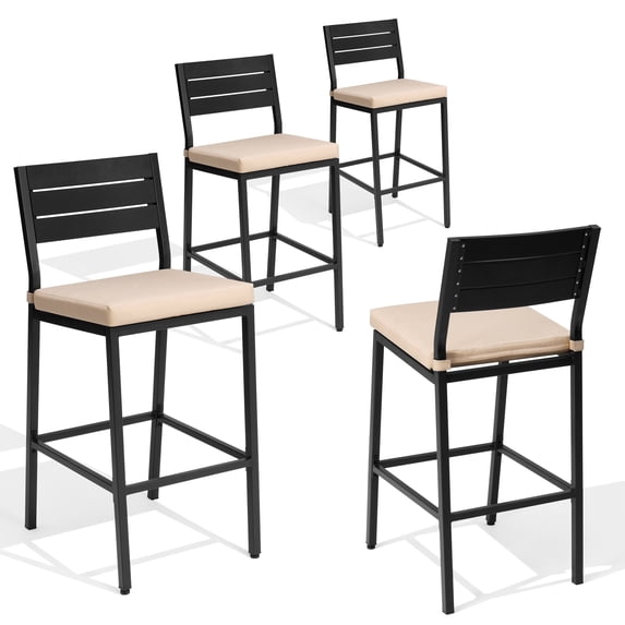 Crestlive Products Outdoor Bar Stools Set of 4, Patio Counter Height Barstools with Cushions, Outdoor Bar Chairs with Back & Footrest for Deck, Patio, Backyard, Garden, Poolside, Beige
