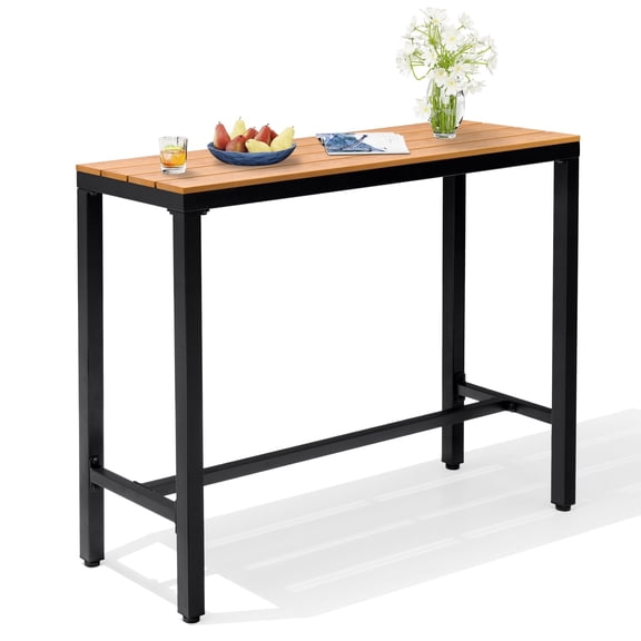 Crestlive Products Outdoor Bar Table, 43'' Height Pub Table with Metal Frame & Slatted Tabletop, 165 LBS Capacity, Weather Resistant Patio Bar Height Table for Backyard, Poolside, Balcony (Brown)