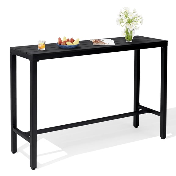 Crestlive Products Outdoor Bar Table, 55'' Height Pub Table with Metal Frame & Slatted Tabletop, 165 LBS Capacity, Weather Resistant Patio Bar Height Table for Backyard, Poolside, Balcony (Black)