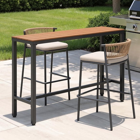 Crestlive Products Outdoor Bar Table Set with 2 Stools, 55" Bar Table with Waterproof Top, Stackable Rattan Back Bar Chairs for Patio Garden Deck Backyard