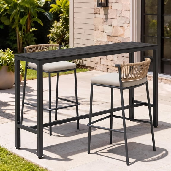 Crestlive Products Outdoor Bar Table Set with 2 Stools, 63" Bar Table with Waterproof Top, Stackable Rattan Back Bar Chairs for Patio Garden Deck Backyard