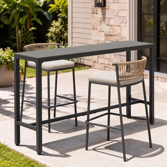 Crestlive Products Outdoor Bar Table Set with 2 Stools, 63" Bar Table with Waterproof Top, Stackable Rattan Back Bar Chairs for Patio Garden Deck Backyard