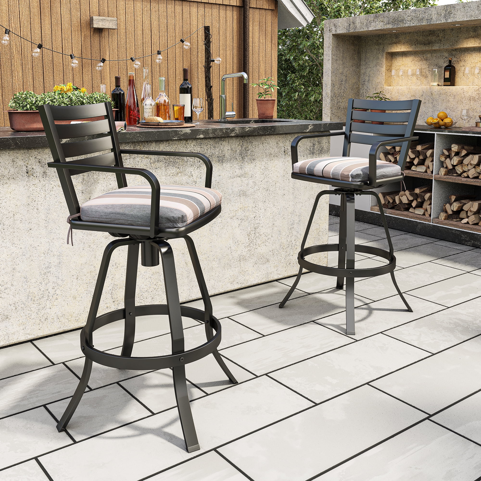 Ergonomic Black Cast Aluminum Swivel Bar Chair with Milano Char Cushion