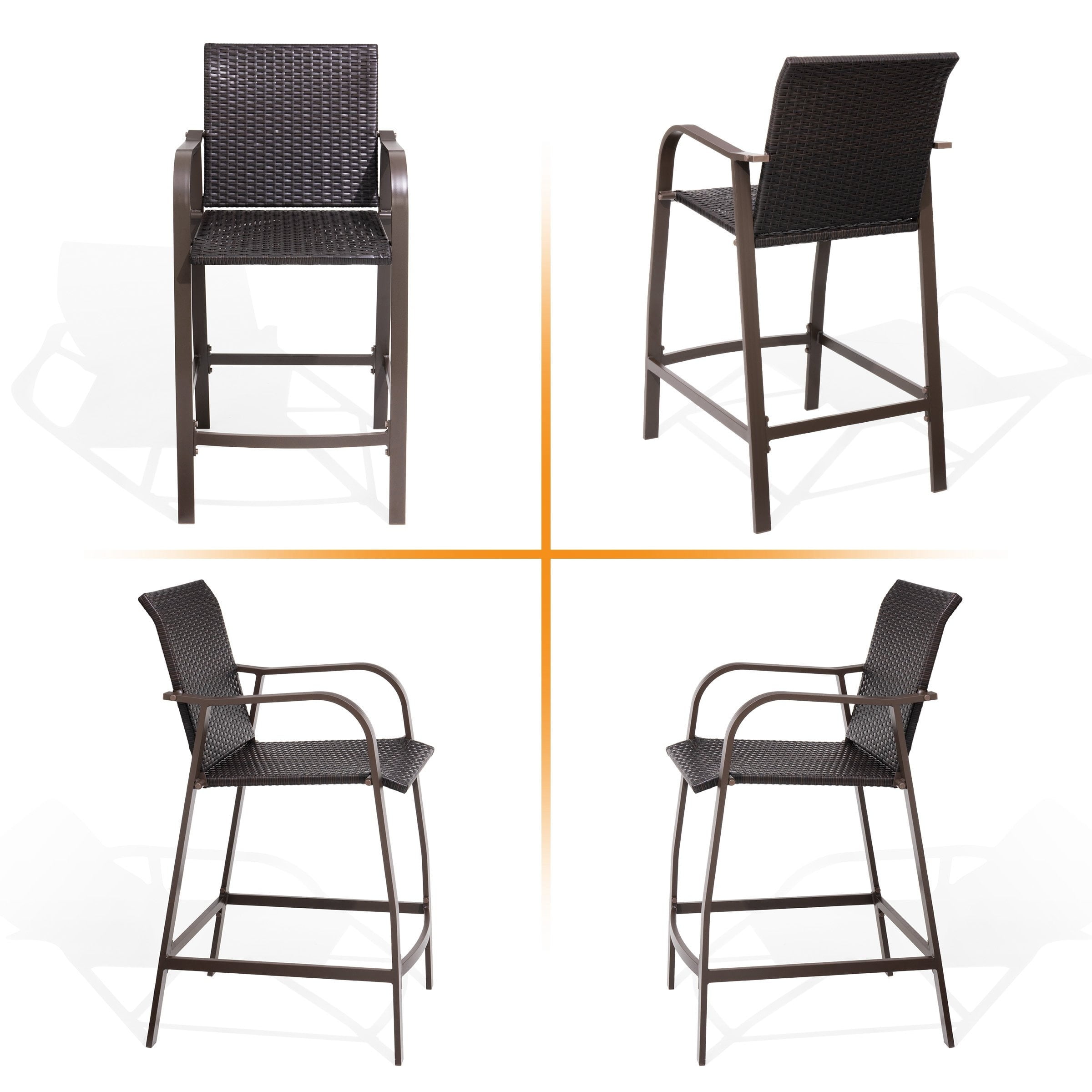 Antique Brown Outdoor Wicker Bar Stools with Aluminum Frame, Set of 2