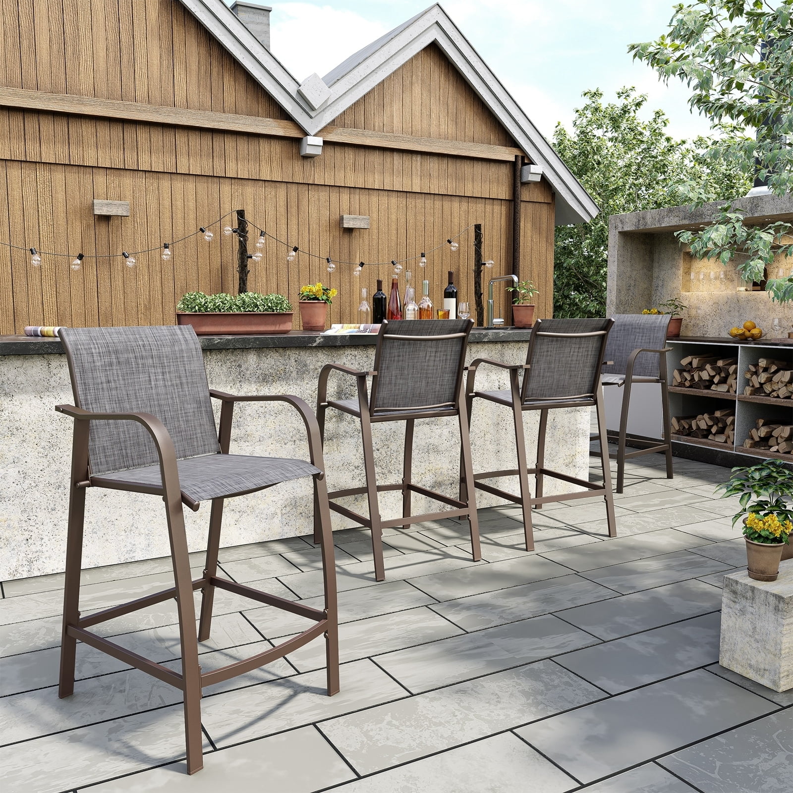 Set of 4 Black and Gray Outdoor Aluminum Bar Stools