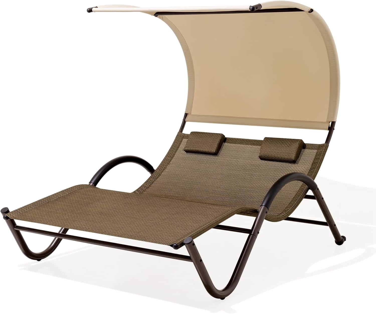 Crestlive Products Outdoor Double Chaise Lounge with Canopy, Wheels and Headrests, 2 Person ...