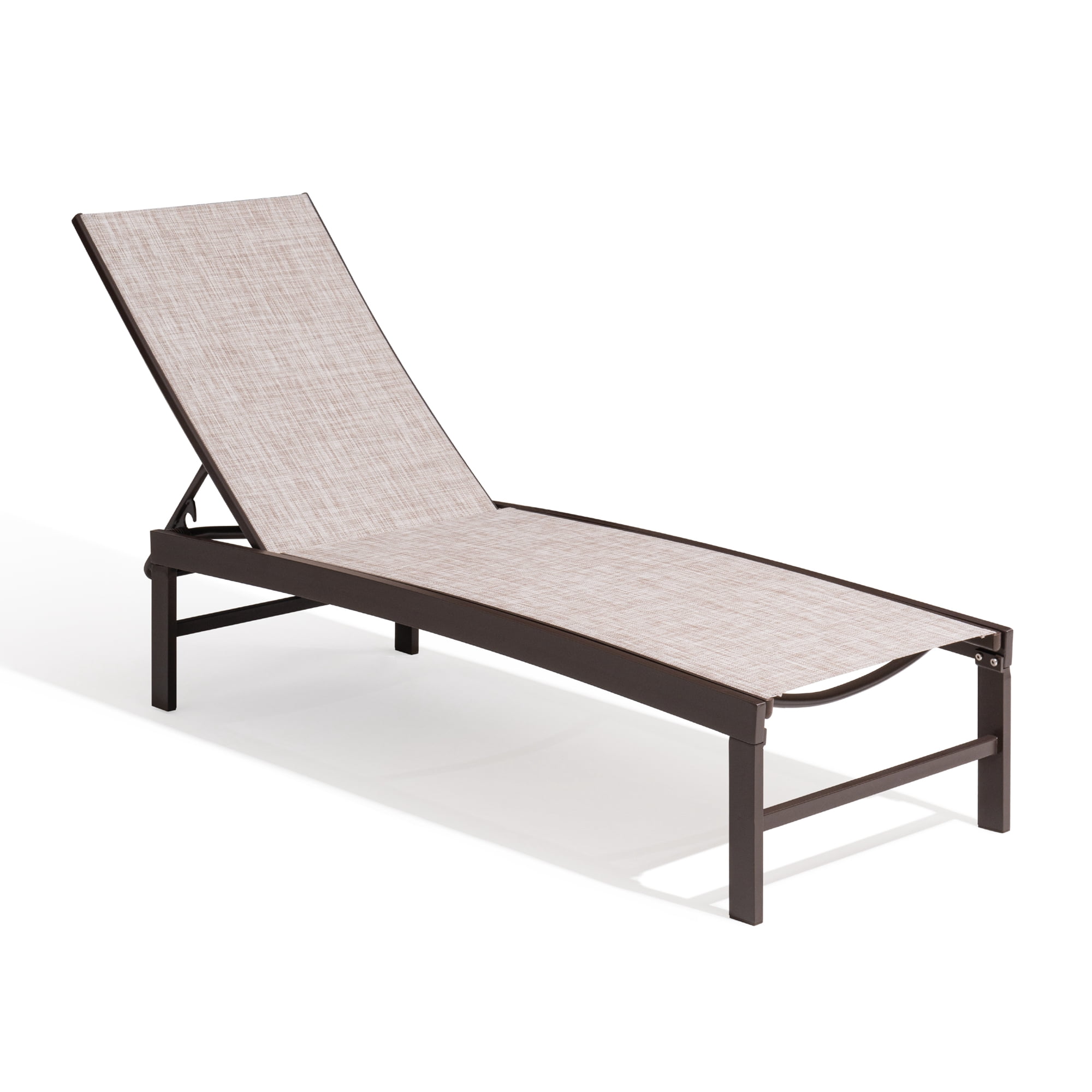 Off-White Textilene Fabric Brown Aluminum Adjustable Chaise Lounge