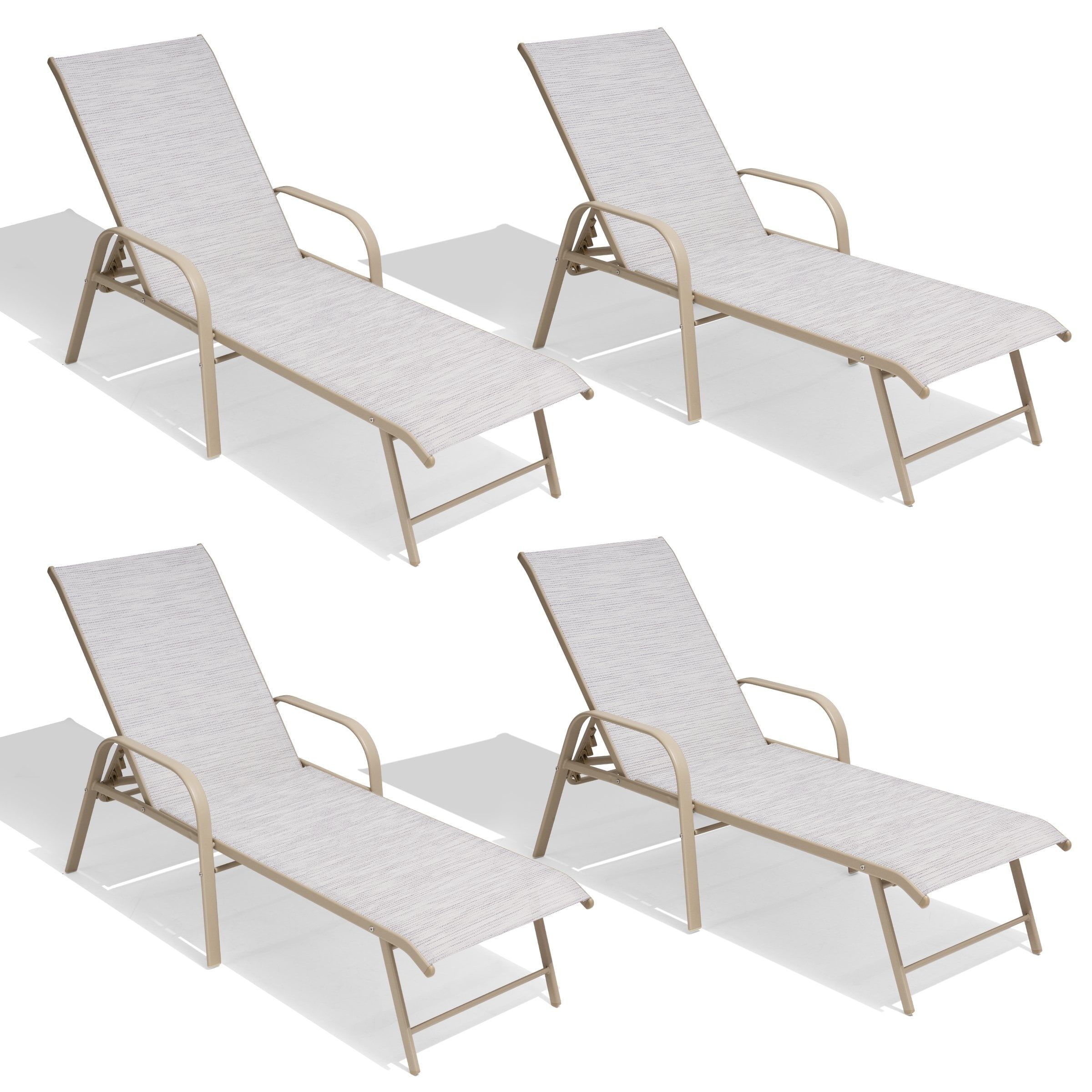 Beige Aluminum Adjustable Chaise Lounge Chairs with Arms, Set of 4