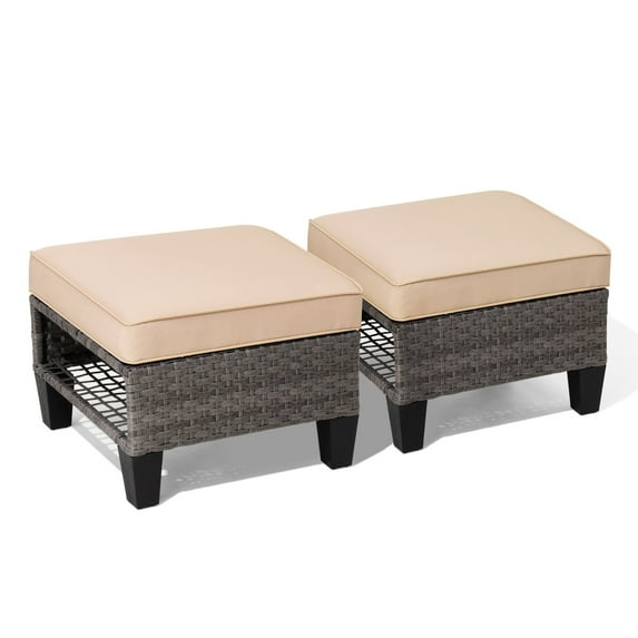 Crestlive Products Outdoor Patio Square Rattan Storage Ottomans Set (Set of 2) with Removeable Cushion, as Side Table Footstool Beige