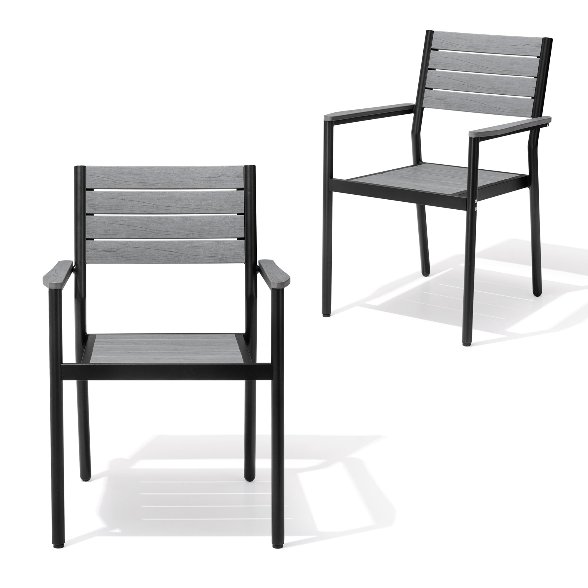 Gray Aluminum and Wood Outdoor Dining Armchairs Set