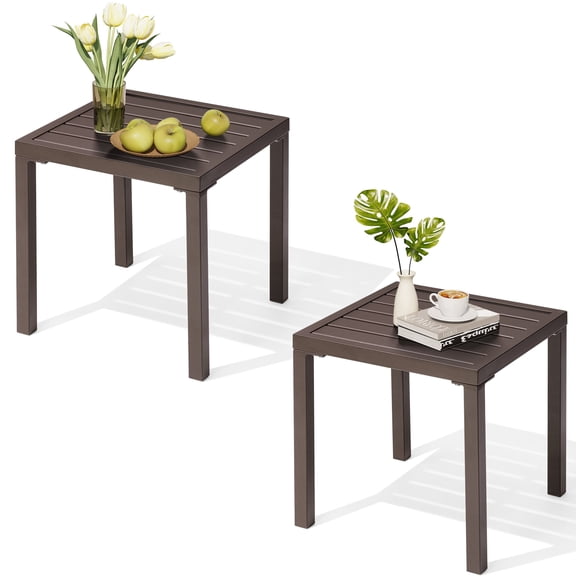 Crestlive Products Outdoor Side Table Set of 2,Small Square Metal End Table Weather Resistant Pool Side Tables for Patio Balcony(Brown)