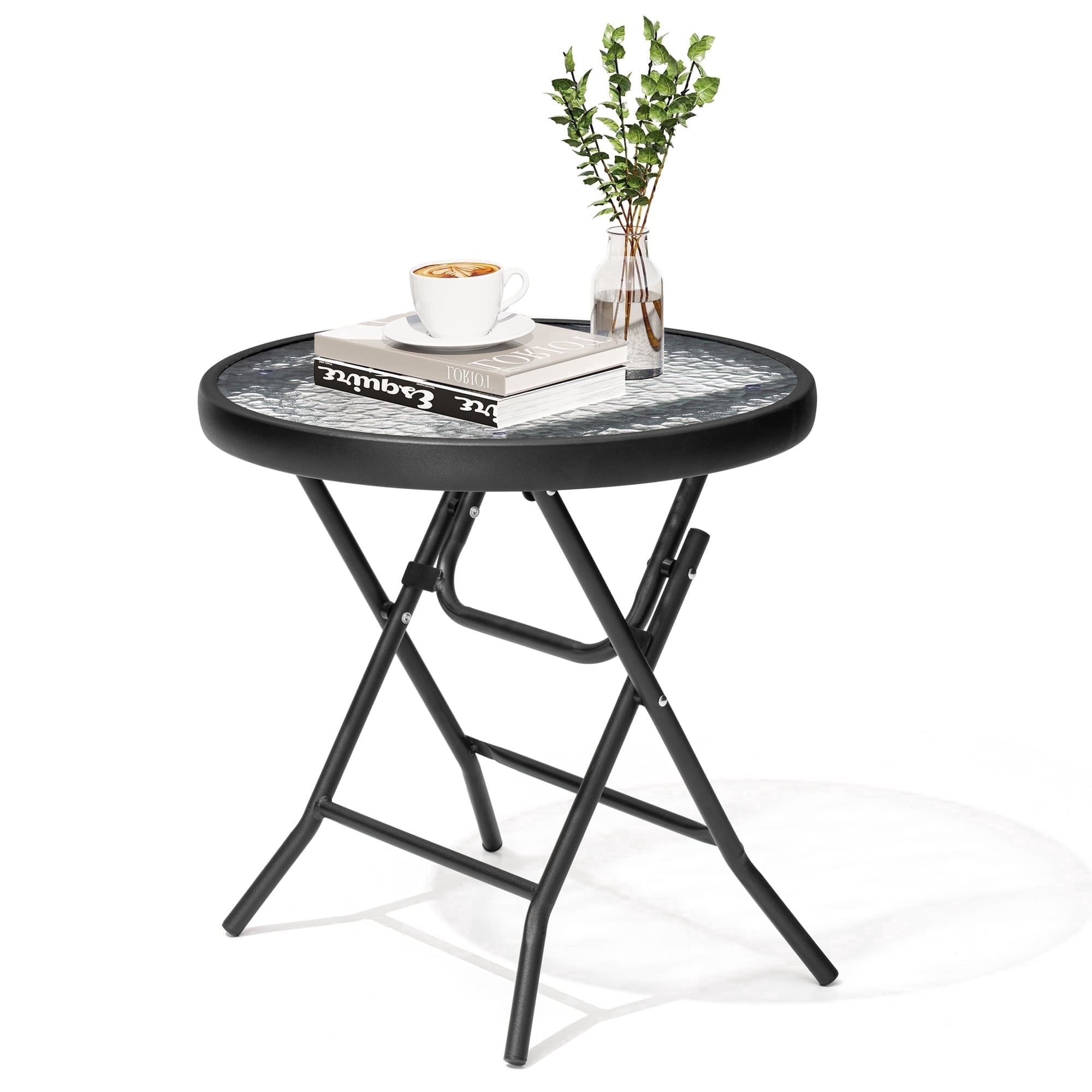 Crestlive Products Outdoor Side Tables Foldable Patio Side Table with Tempered Glass Table Top, Black