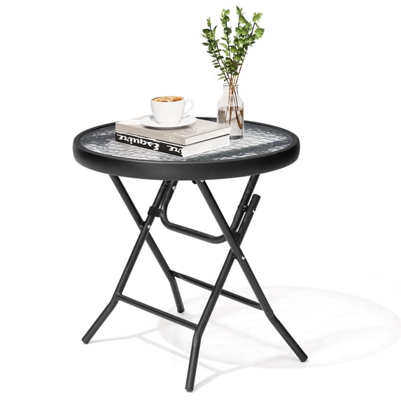 Crestlive Products Outdoor Side Tables Foldable Patio Side Table with Tempered Glass Table Top, Black