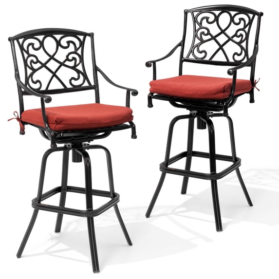 Crestlive Products Outdoor Swivel Bar Stools with Sunbrella Cushion Set of 2, 350LBS Capacity All-Weather Patio Bar Chair with Armrests & Footrest for Deck, Backyard, Balcony (Red)