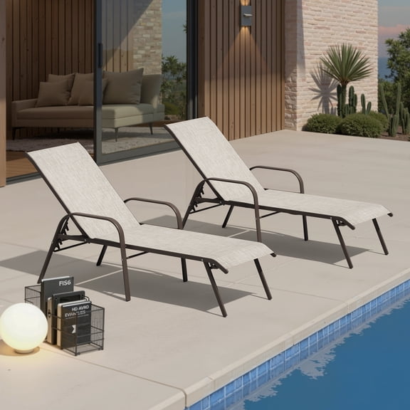 Crestlive Products Adjustable Steel Chaise Lounge Chair, 6‑Position Recliner with Rust-Resistant Frame (Beige)