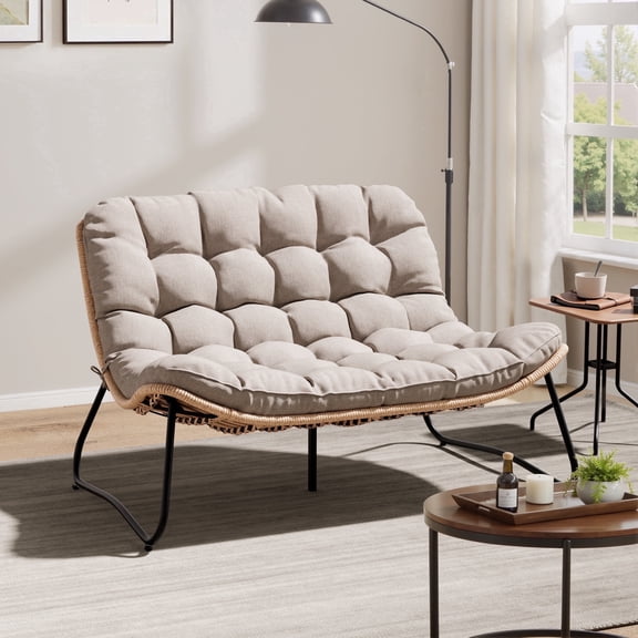 Crestlive Patio Loveseat Sofa, 2 Seater Outdoor Couch, All-Weather Rattan Large Furniture with Soft Cushions， Beige