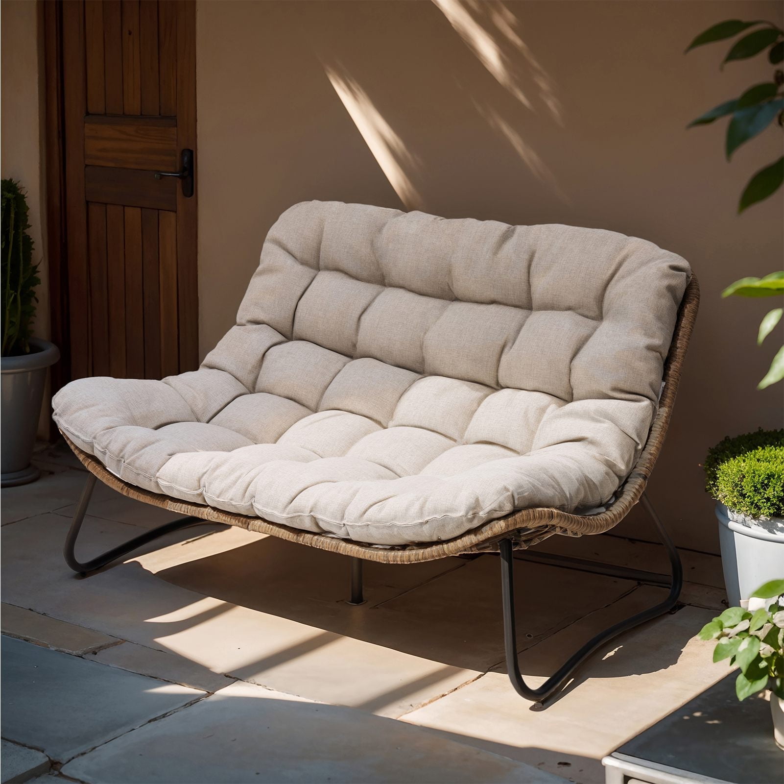 Beige Wicker and Metal Two-Seat Outdoor Loveseat