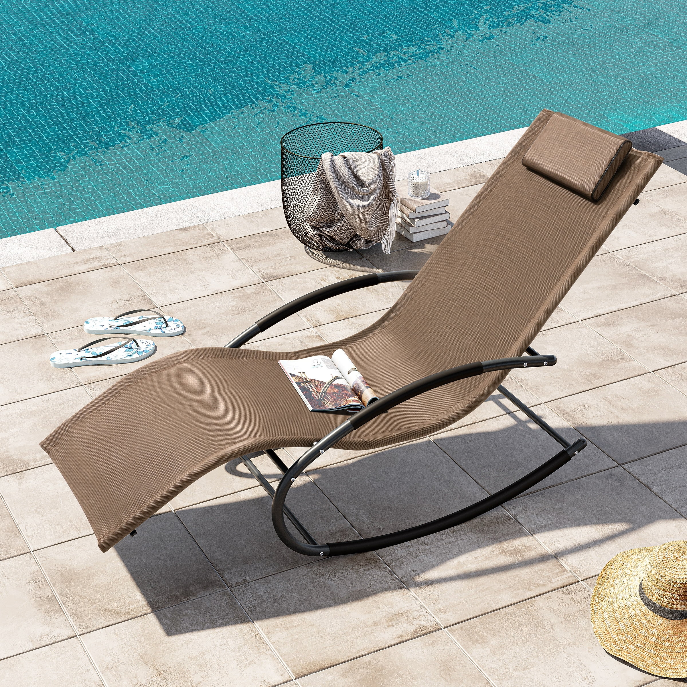 Coastal Breeze Curved Rocker Chaise Lounge with Cushioned Pillow