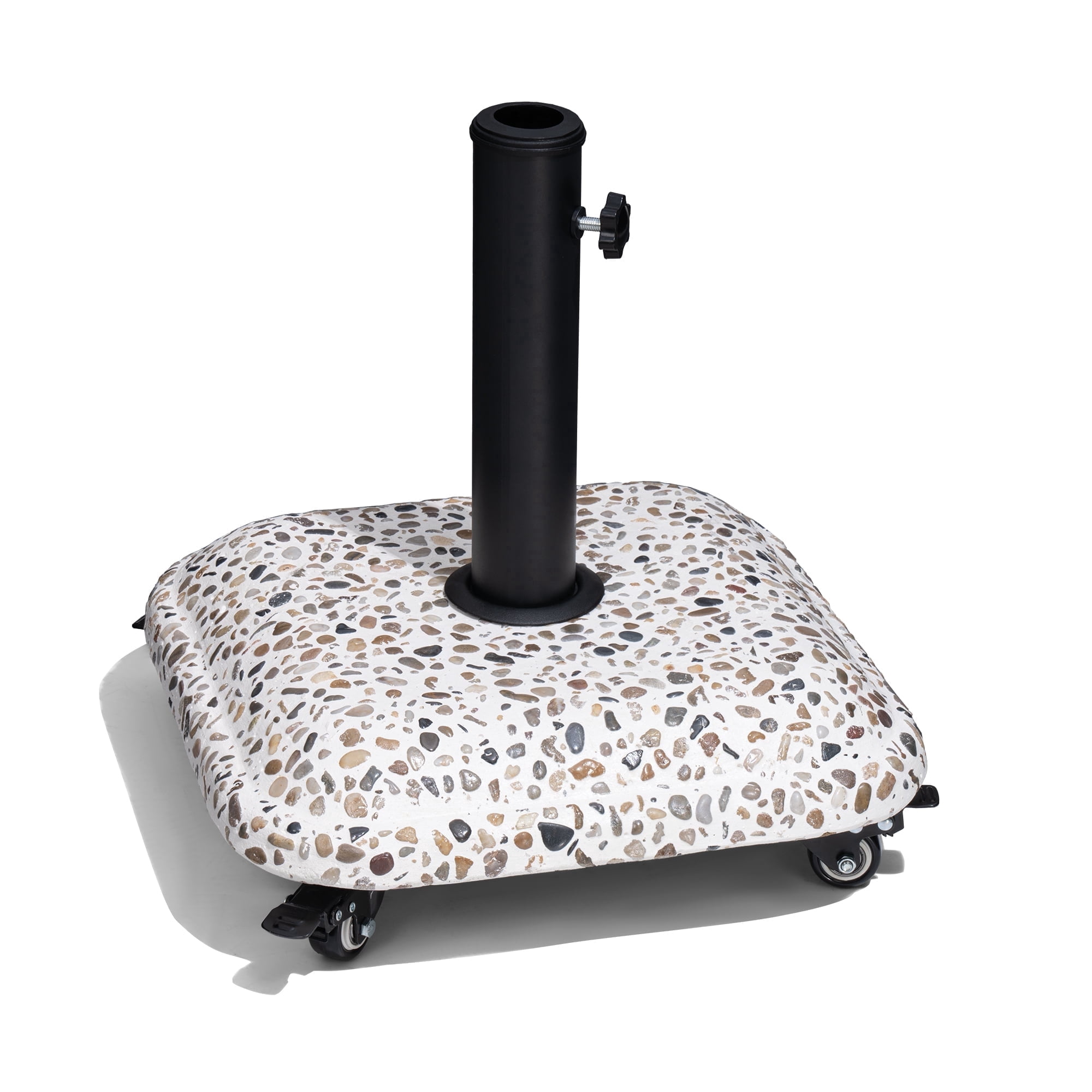 Crestlive Products Patio Umbrella Base with Wheels 45lbs, Concrete with Cobblestone Decor Heavy Duty Rolling Square Stand, for Deck Poolside Yard (Cobblestone)