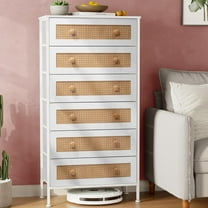 Crestlive Products Rattan Dresser Storage Tower, Tall Fabric Dresser, Chests of Drawers, Wood Top - Organizer Unit for Bedroom, Hallway, Entryway, Closets (White, 6 Drawers)