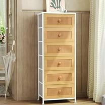 Crestlive Products Rattan Dresser, Tall Fabric Storage Tower, Chests of Drawers with Handles - Organizer Unit for Bedroom, Hallway, Entryway, Closets - 6 Drawers (White Top & Frame)