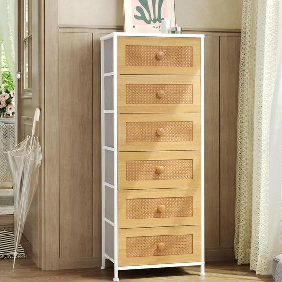 Crestlive Products Rattan Dresser, Tall Fabric Storage Tower, Chests of Drawers with Handles - Organizer Unit for Bedroom, Hallway, Entryway, Closets - 6 Drawers (White Top & Frame)