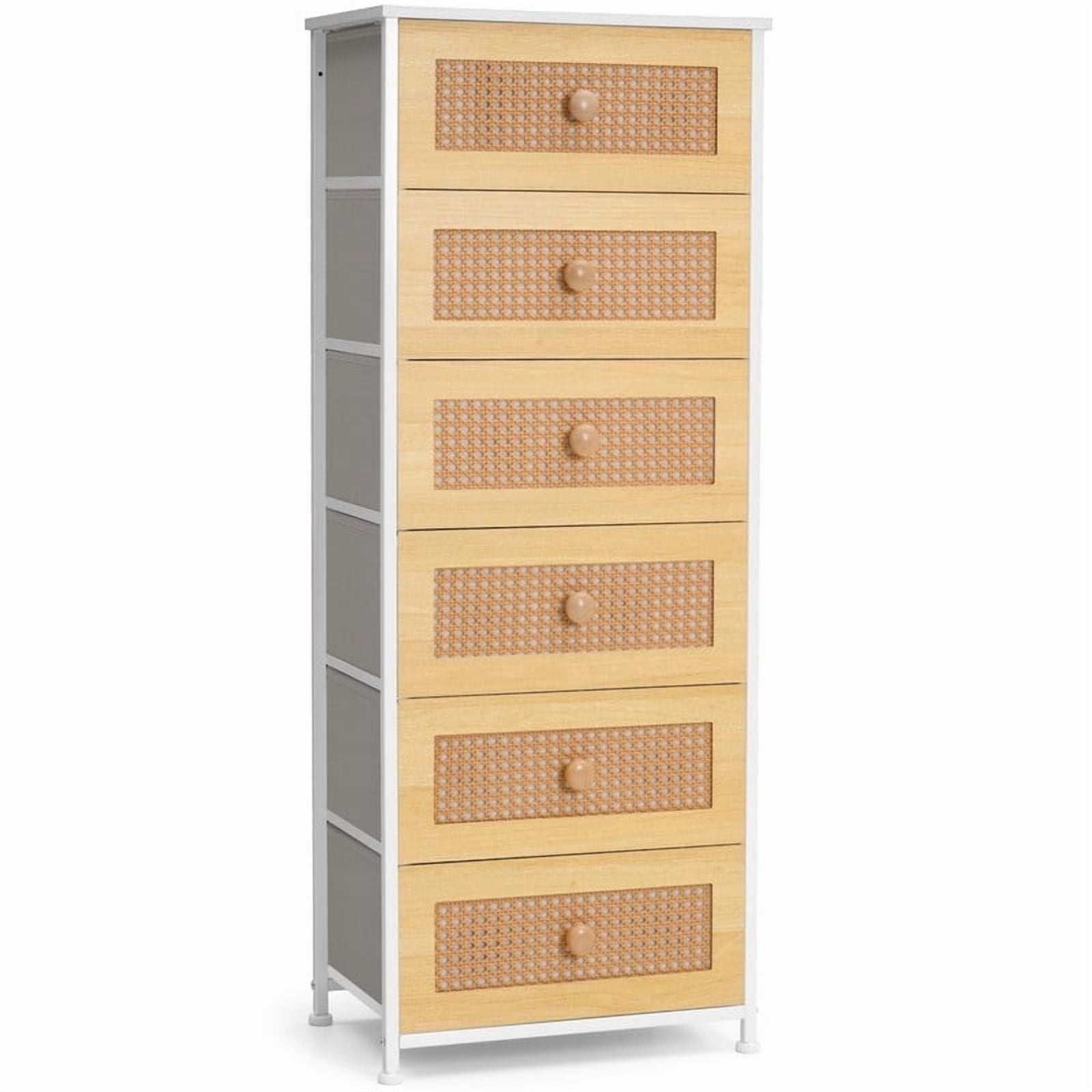 Crestlive Products Rattan Dresser, Tall Fabric Storage Tower, Chests of Drawers with Handles - Organizer Unit for Bedroom, Hallway, Entryway, Closets - 6 Drawers (White Top & Frame)