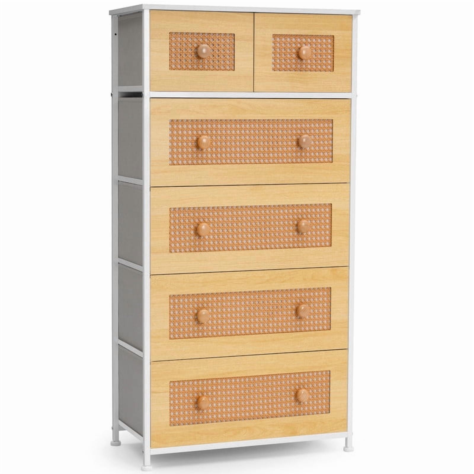 Crestlive Products Rattan Dresser Tall Storage Tower, Chests of Drawers, Easy Pull Fabric Bins, Wood Handles - Organizer Unit for Bedroom, Entryway, Closets - 6 Natural Drawers, White Top & Frame