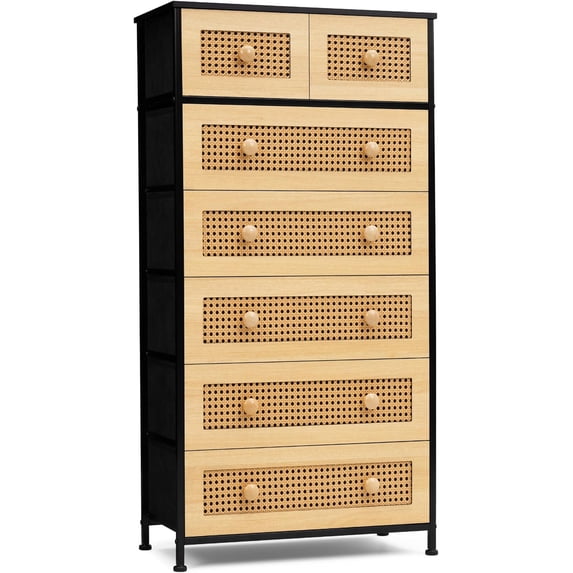 Crestlive Products Rattan Dresser Tall Storage Tower, Chests of Drawers, Easy Pull Fabric Bins, Wood Handles - Organizer Unit for Bedroom, Entryway, Closets - 7 Natural Drawers, Black Top & Frame