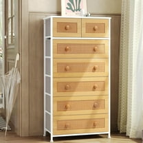 Crestlive Products Rattan Dresser Tall Storage Tower, Chests of Drawers, Easy Pull Fabric Bins, Wood Handles - Organizer Unit for Bedroom, Entryway, Closets - 7 Natural Drawers, White Top & Frame