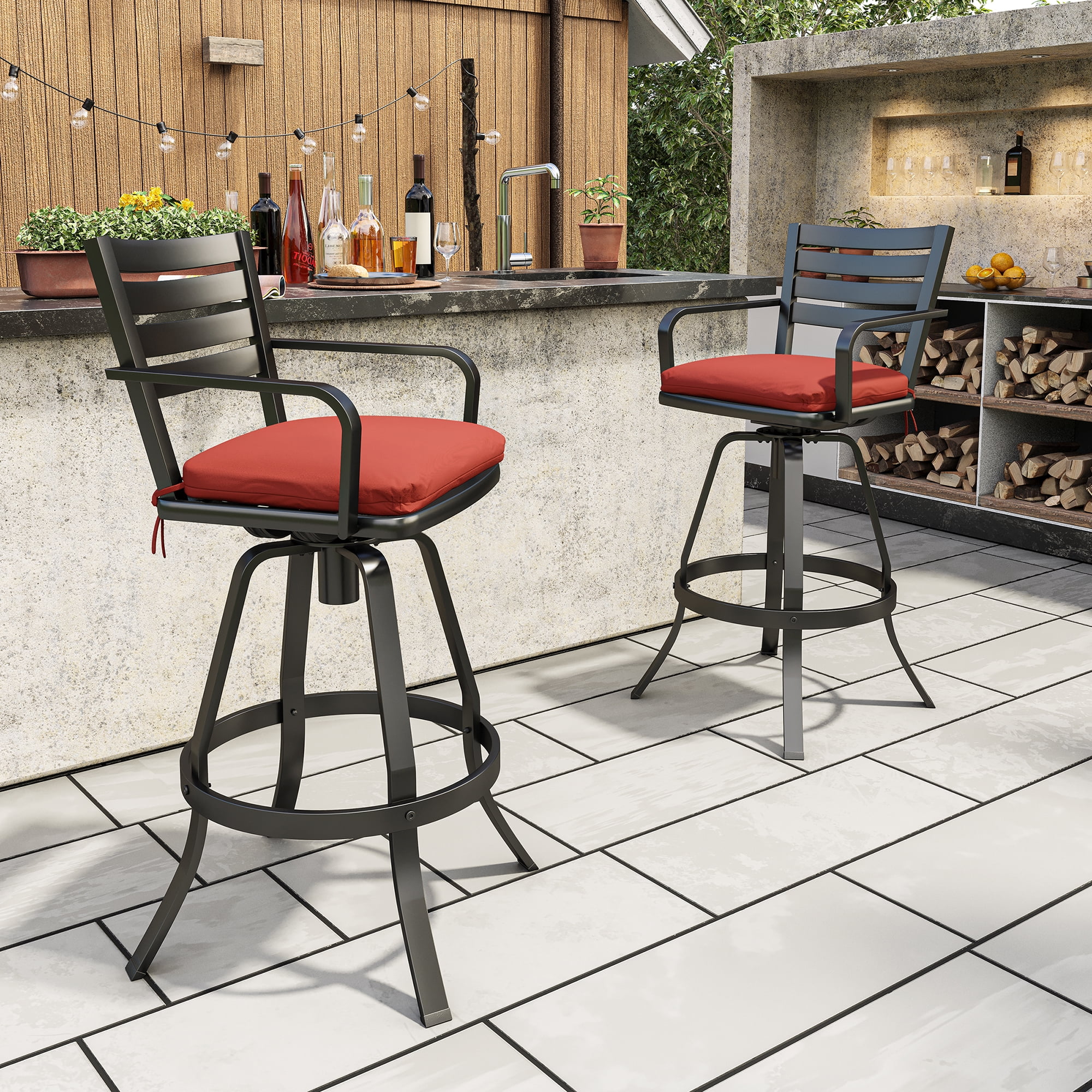 Red Cushioned Black Cast Aluminum Swivel Bar Height Armchair
