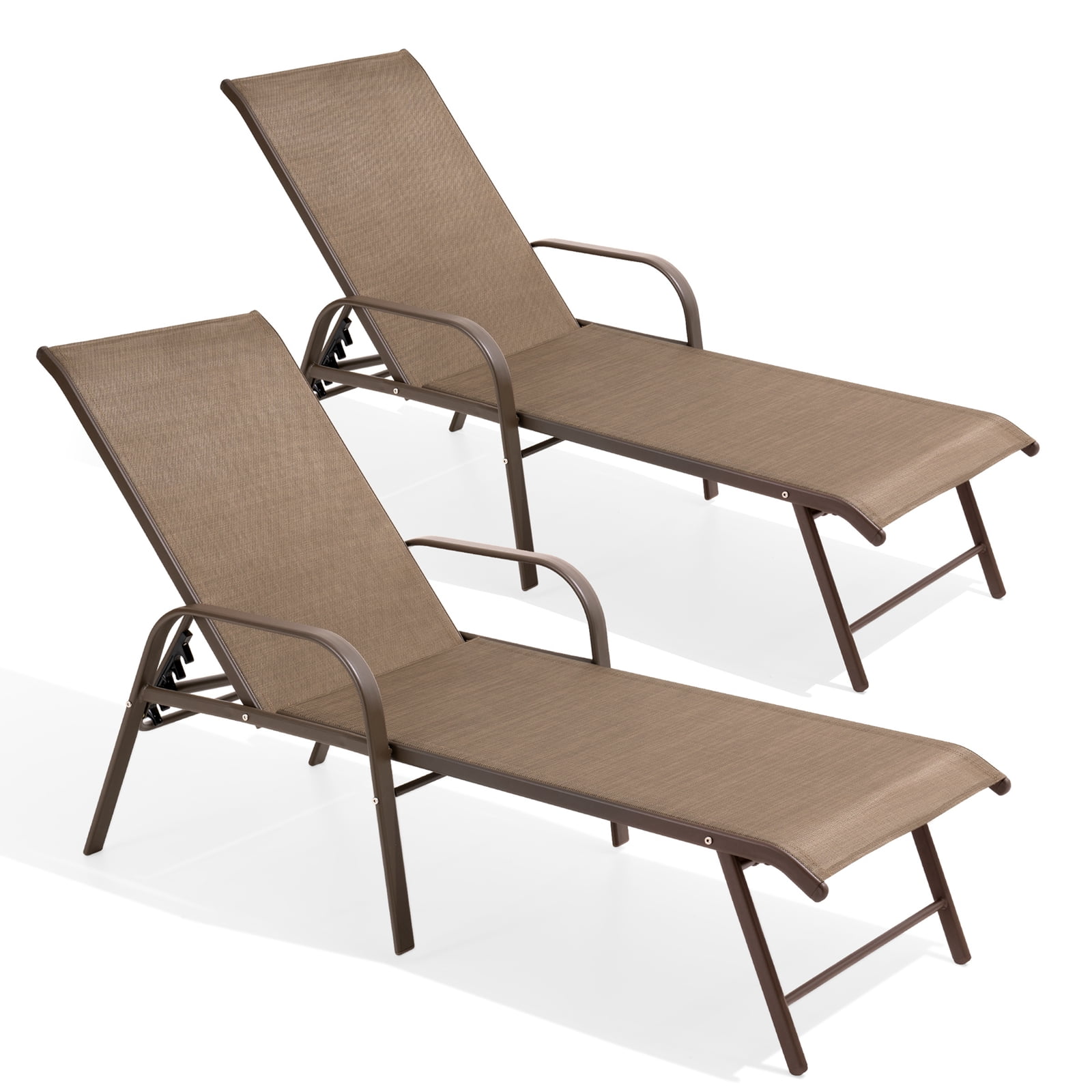 Brown Aluminum Adjustable Outdoor Chaise Lounge Set with Arms