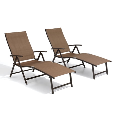 Crestlive Products Set of 2 Outdoor Aluminum Folding Patio Chaise Lounge Chairs, Brown