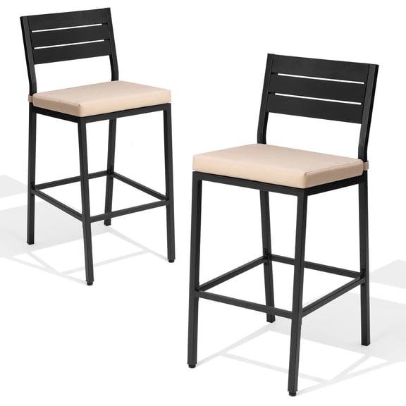 Crestlive Products Set of 2 Outdoor Bar Stools, Heavy-Duty Iron Frame Patio Bar Chairs with Cushions, Bar Height Chairs, Beige