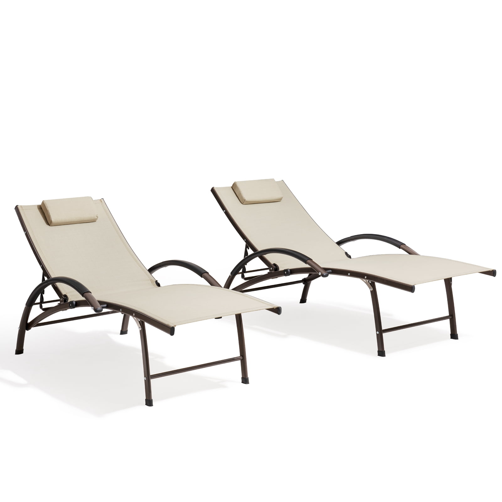 Tan and Brown Metal Adjustable Chaise Lounger Set with Cushions