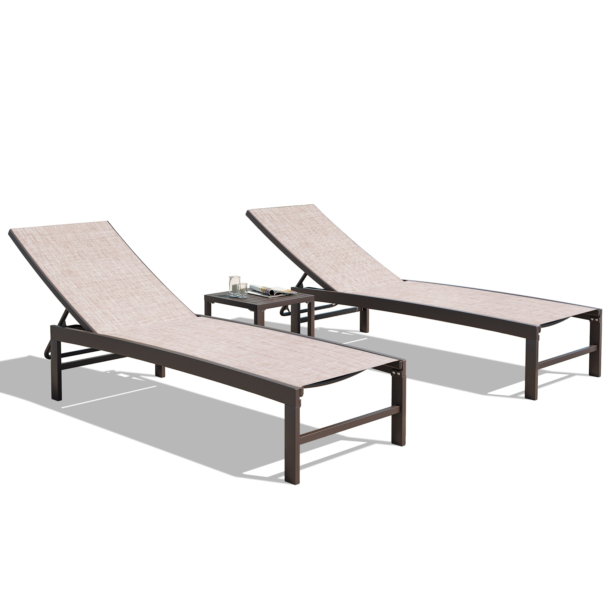 Beige Aluminum Outdoor Chaise Lounge Chairs with Table Set