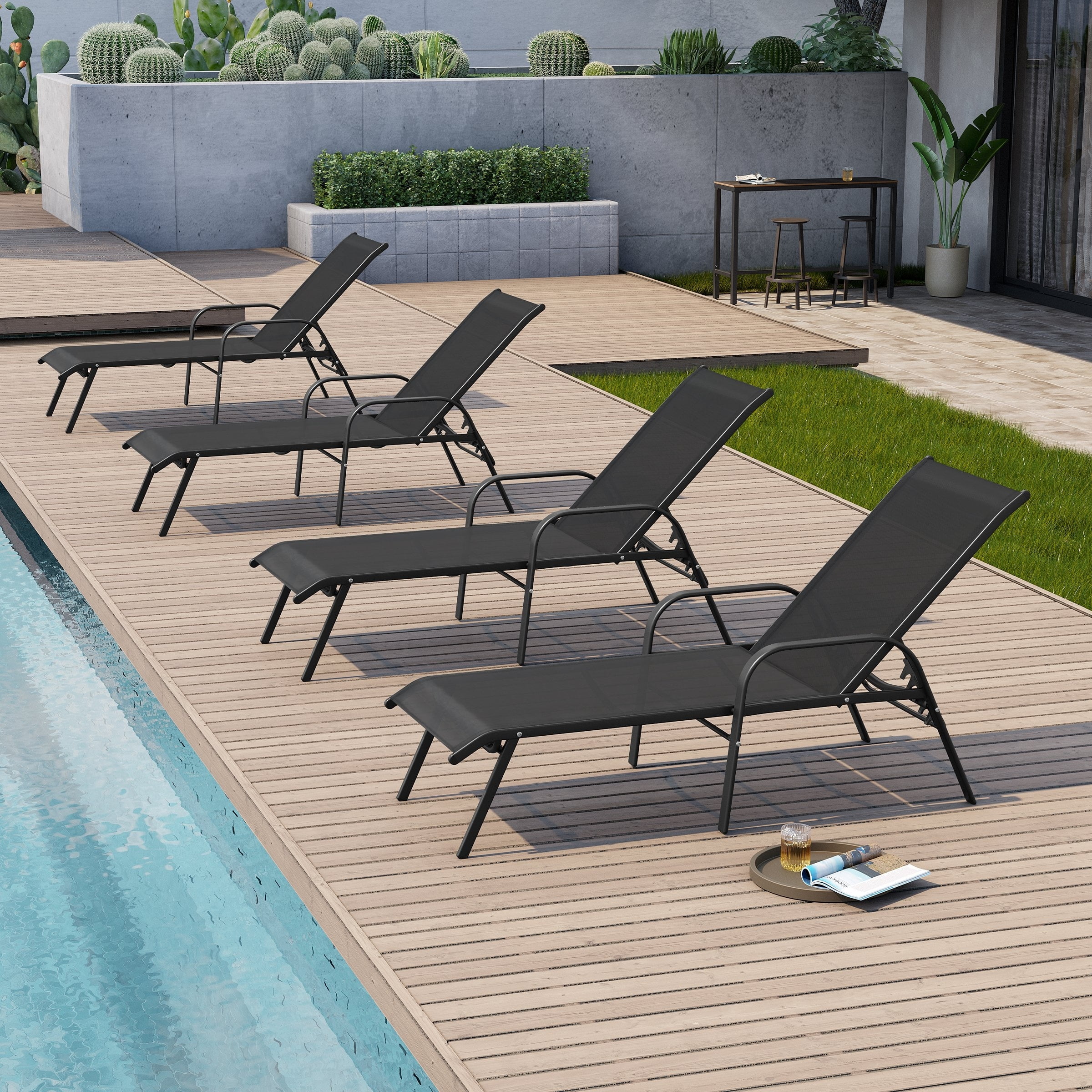 Black Adjustable Metal Frame Outdoor Chaise Lounge Set with Arms