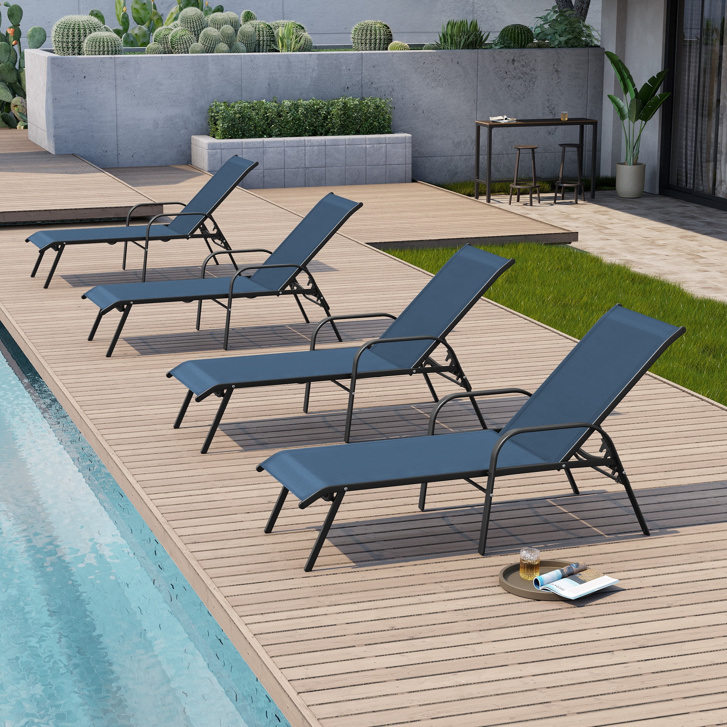 Navy Blue Metal Frame Outdoor Chaise Lounge with Arms, Set of 4