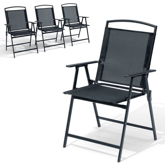 Crestlive Products Folding Patio Chair Set of 4, Outdoor Folding Chairs, Camping and Lawn Chairs with Armrest, Black