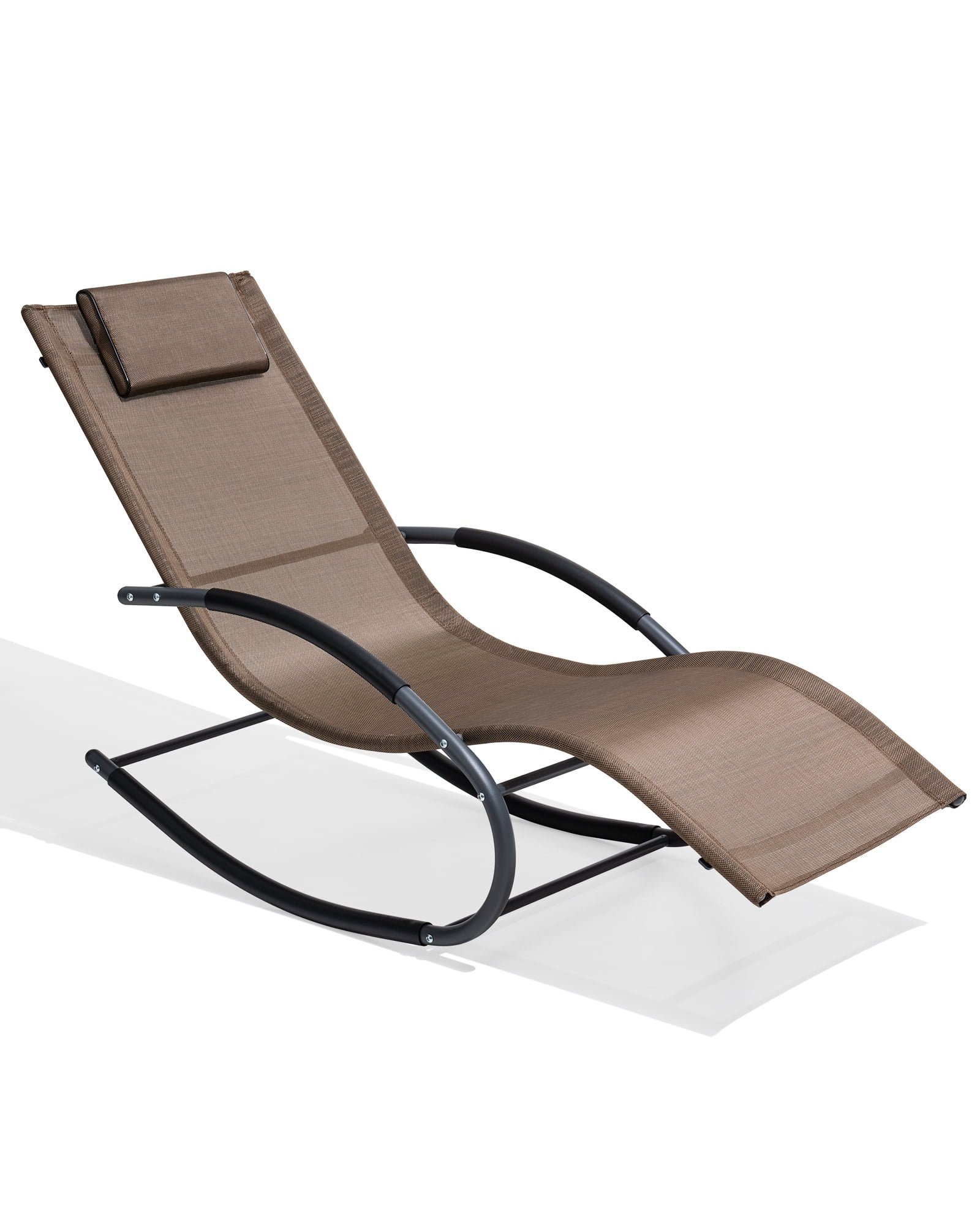 Brown Metal Frame Patio Rocking Chaise Lounge Chair with Texteline Sling Seat