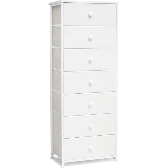 Crestlive Products Tall Dresser, 7-Drawer Fabric Storage Tower, Chests of Drawers - Vertical Organizer Unit for Bedroom, Hallway, Entryway, Nursery, Closets - Steel Frame, Wood Top & Handles (White)