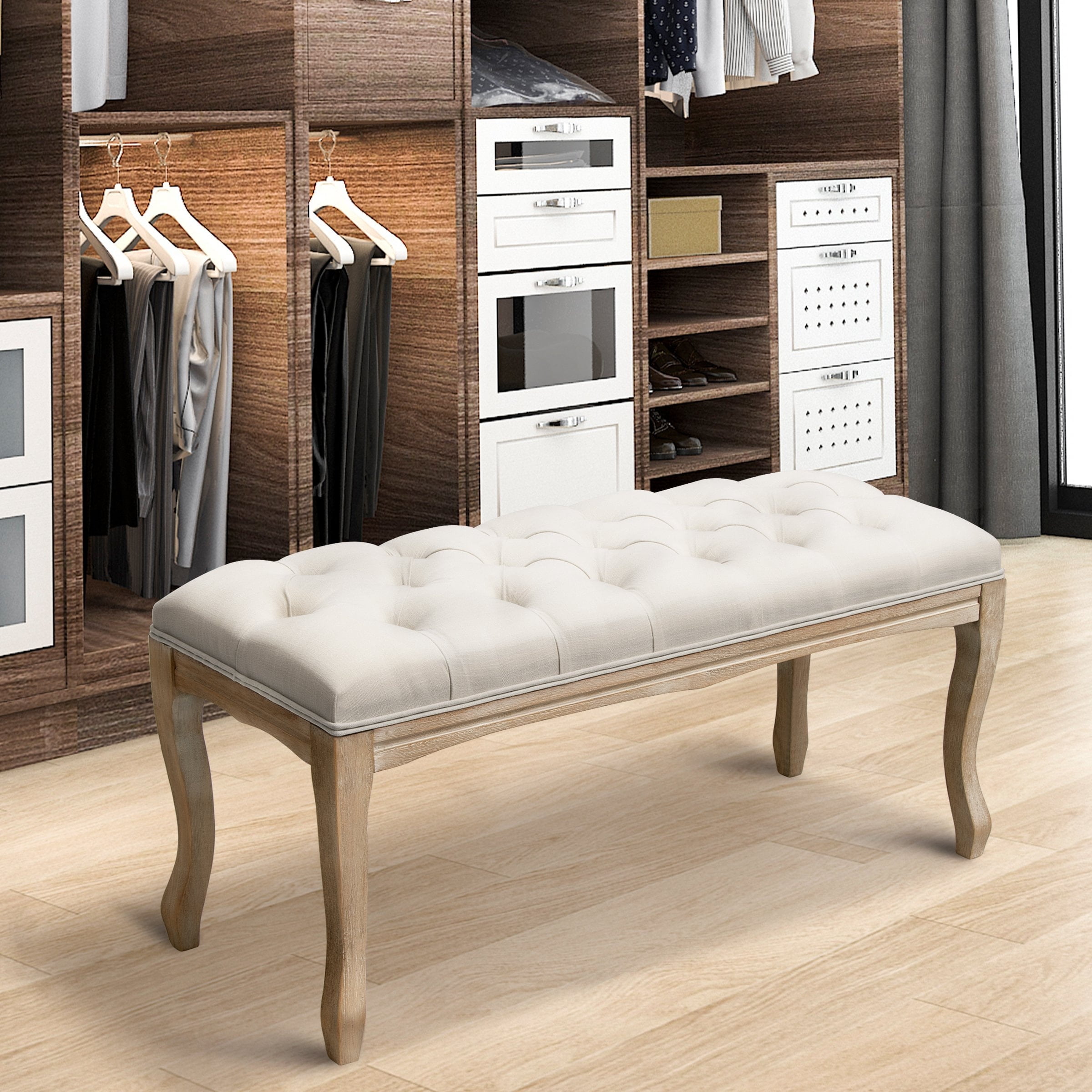 Mid-Century Tufted Beige Linen Upholstered Bed Bench