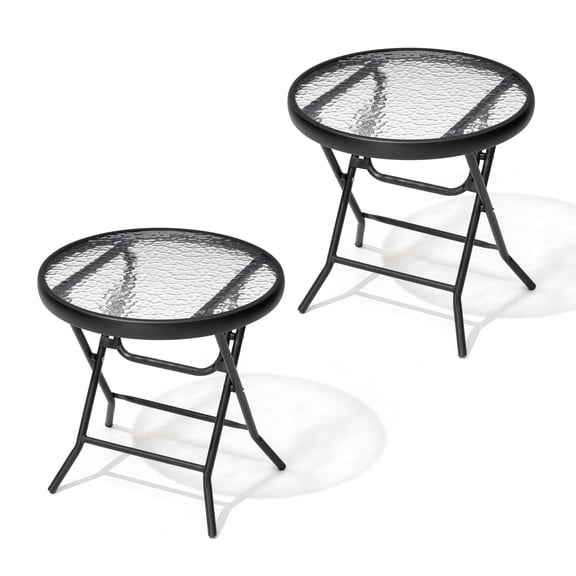 Crestlive Products Foldable Patio Side Table with Tempered Glass Top 18" Small Glass Patio End Tables (Black，2PCS)