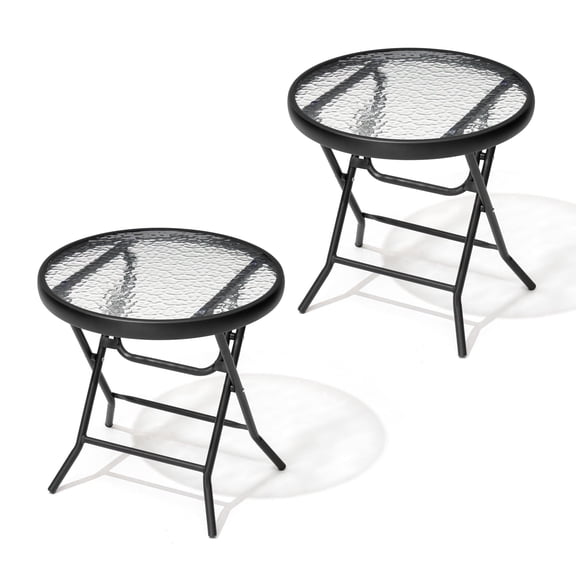 Crestlive Products Foldable Patio Side Table with Tempered Glass Top 18" Small Glass Patio End Tables (Black,2PCS)