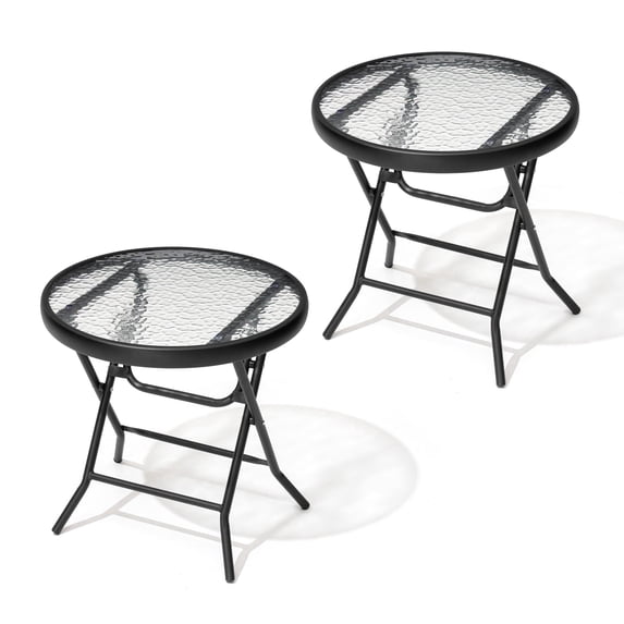 Crestlive Products Foldable Patio Side Table with Tempered Glass Top 18" Small Glass Patio End Tables (Black,2PCS)