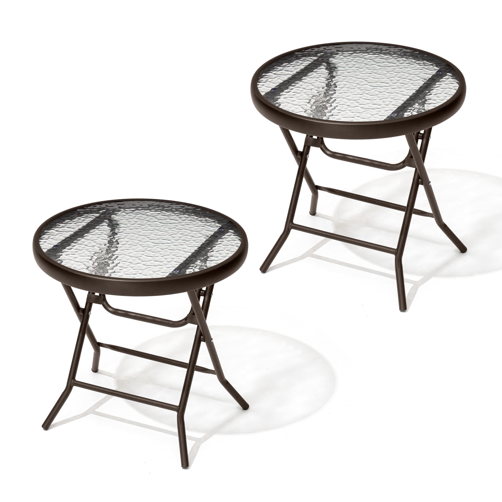 Crestlive Products Foldable Patio Side Table with Tempered Glass Top 18" Small Glass Patio End Tables (Brown，2PCS)